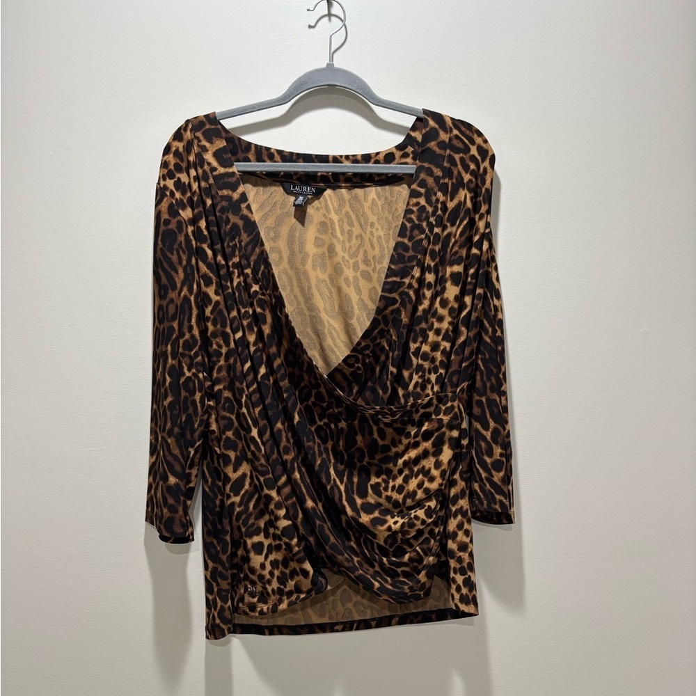 LAUREN RALPH LAUREN • Women’s Leopard Print Splice Wrap Drapey Neckline Blouse